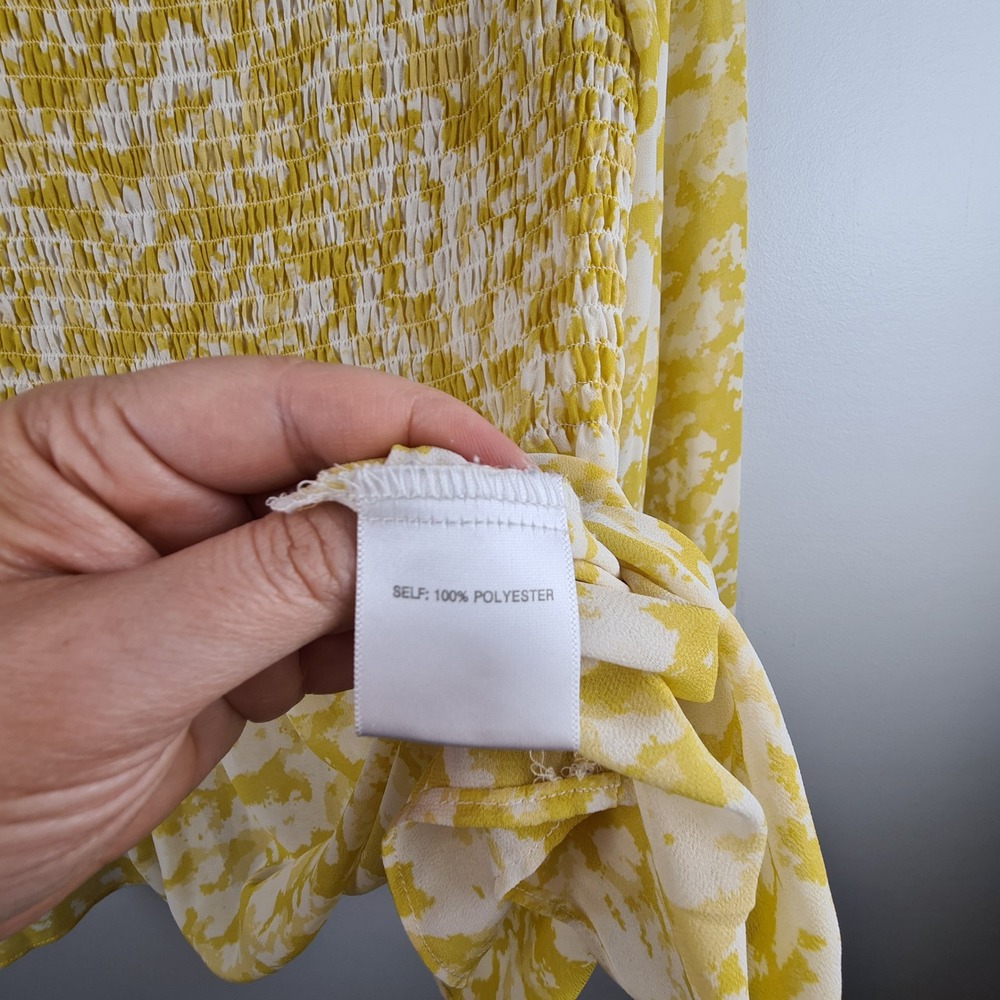 Rose + Olive Yellow White Abstract Smocked Peplum Blouse Long Sleeve Medium - Picture 3 of 8